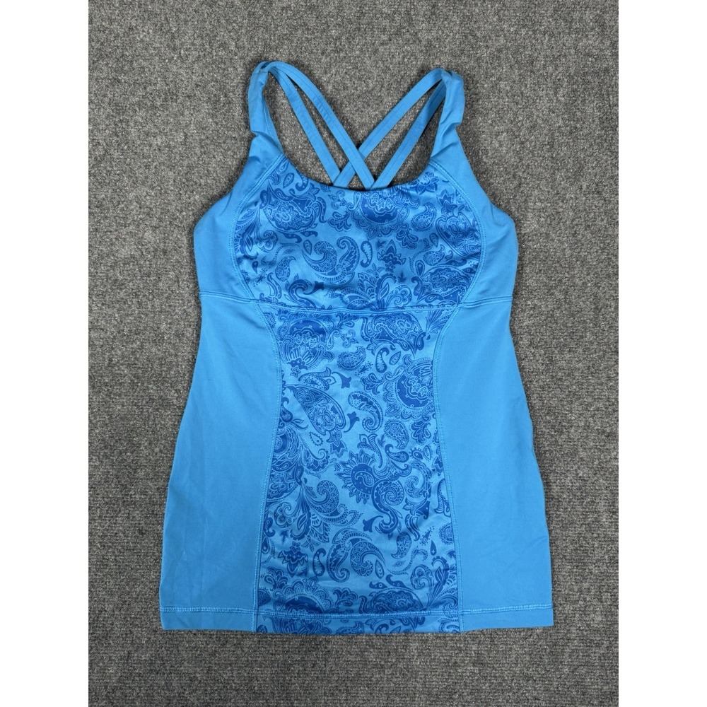 Lululemon Energy Tank Top Womens 4 Blue Paisley Built In Bra Yoga Athletic EUC